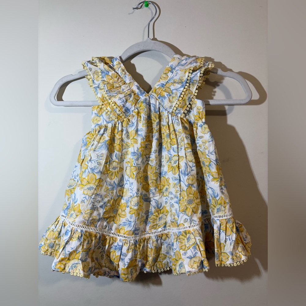 Sincerely Jules Girl 12 month sundress yellow blue white floral lace trim ruffel
